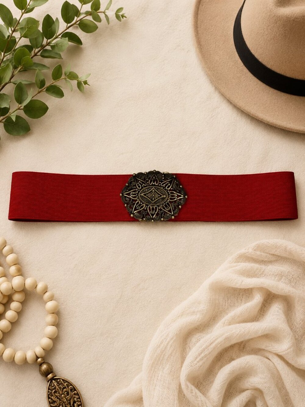 Kmart Red Stretch Waist Belt Antique Gold Filigree Buckle M/L Vintage